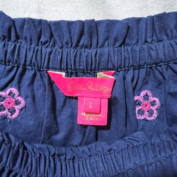 Lilly Pulitzer Navy Blue Off-Shoulder Top with Pink Floral Embroidery - Picture 2 of 3